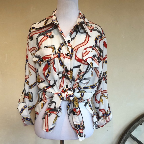 MISHCA Tops - MISHCA Equestrian Horse Chain Silky Blouse Top XL
